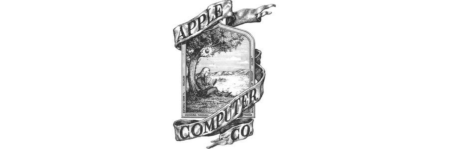 Apple's first logo. The logo says "Apple Computer Company" and features an image of Isaac Newton sitting below a tree with a single apple.