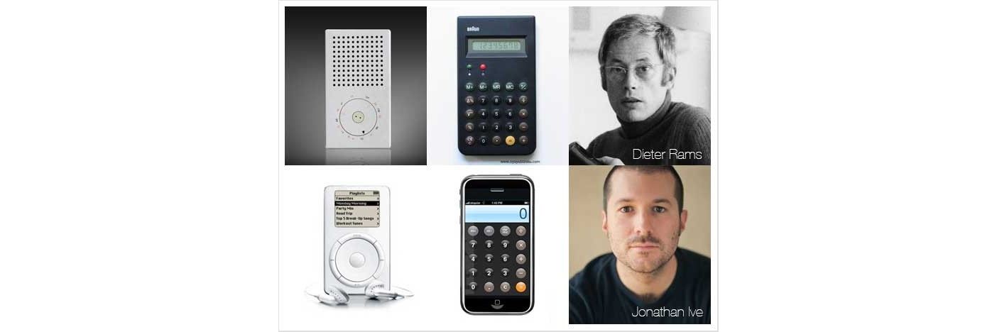 A comparison of Dieter Rams' and Jonathan Ive's works. The Apple iPod Classic, designed by Ive, resembles Rams' Braun T3 radio, and the calculator app on the iPhone, also designed by Ive, resembles Rams' Braun ET44 calculator.