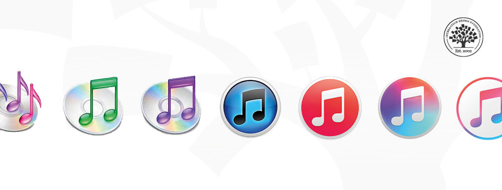 iTunes logo evolution since its creation, representing different UI trends including skeuomorphism and flat design.