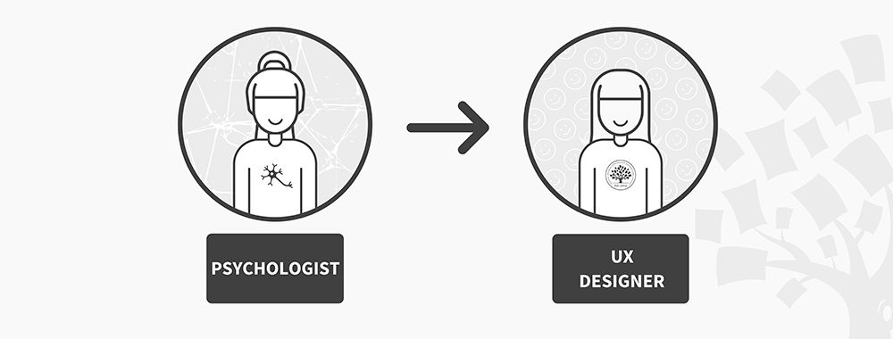 Illustration of a psychologist (on the left) who becomes a UX designer (on the right).