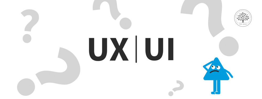 Illustration featuring the terms "UX' and "UI" with a blue character looking confused, and several question marks in the background