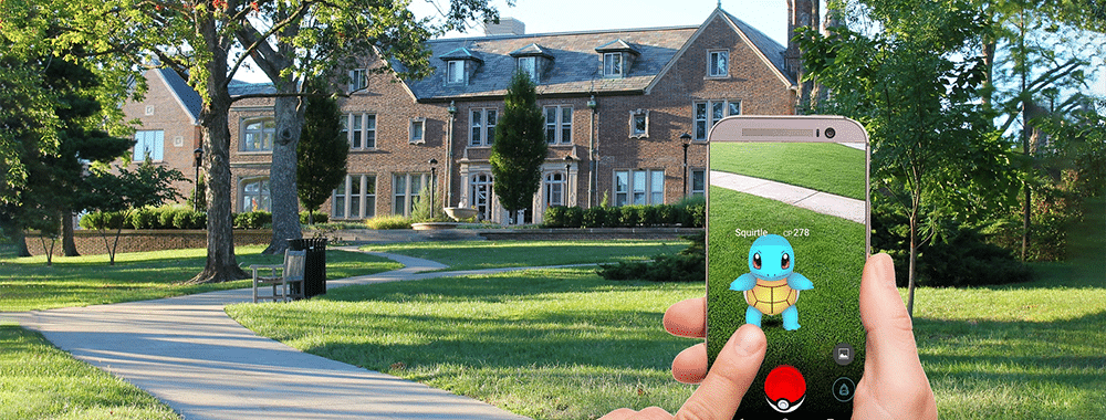 A first person perspective of playing Pokémon GO on a college campus.