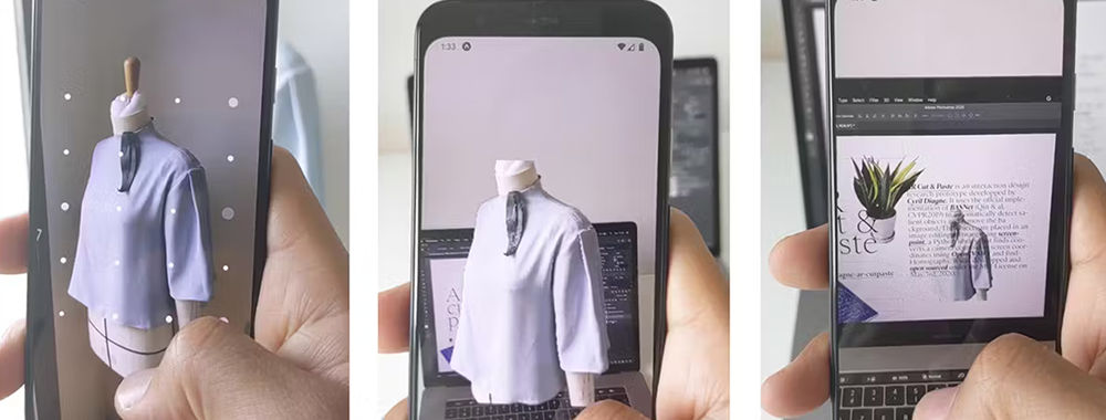 A person taking a picture of a shirt, copying it in AR and placing it into a webpage on a laptop.