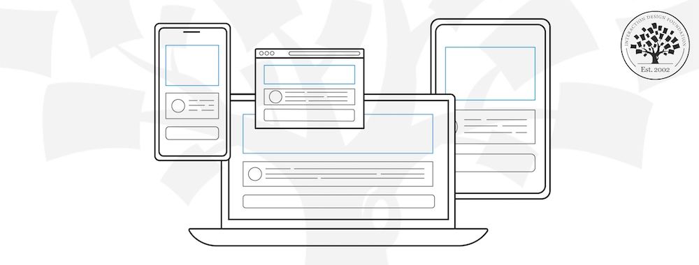 Wireframe of a website, with different devices representing the different screen sizes