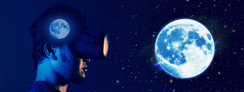 A man wearing a virtual reality headset gazes has an image of the moon in his mind and that image is reflected back at him in front of the VR heade the moon in his mind and sees it reflected e at the moon.