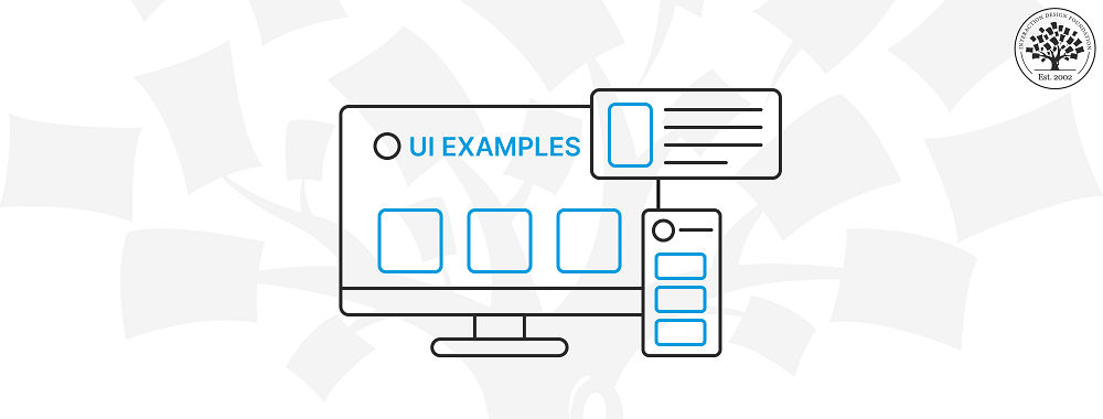 2D Illustration of a computer monitor with the text "UI EXAMPLES" on it, as well as 2D illustrations with a tablet and mobile screen.