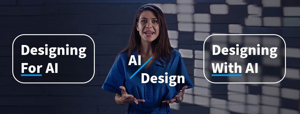Photo of Ioana Teleanu explaining the differences between designing for AI and designing with AI