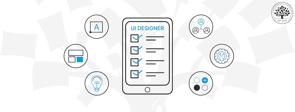 A checklist on a tablet, surrounded by six different icons showing the main responsibilities of a user interface UI designer