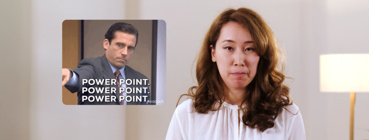 Woman presenting next to a meme of a man in a suit pointing, with text repeating “POWER POINT. POWER POINT. POWER POINT.” highlighting overuse of PowerPoint in presentations.