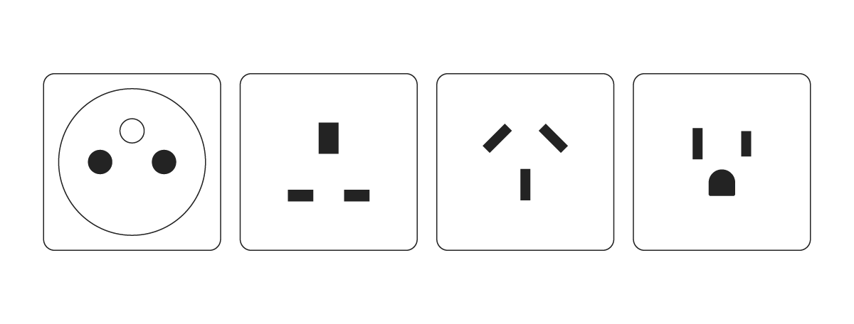 A variety of electric plugs using different standards.