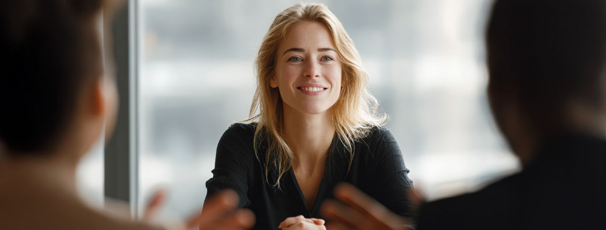 Professional woman listening calmly and confidently during a presentation-related conversation in a modern office.