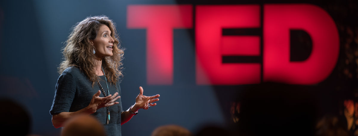 TED Talk presentation photo showing a speaker on stage gesturing while addressing an audience, with large “TED” letters in the background.