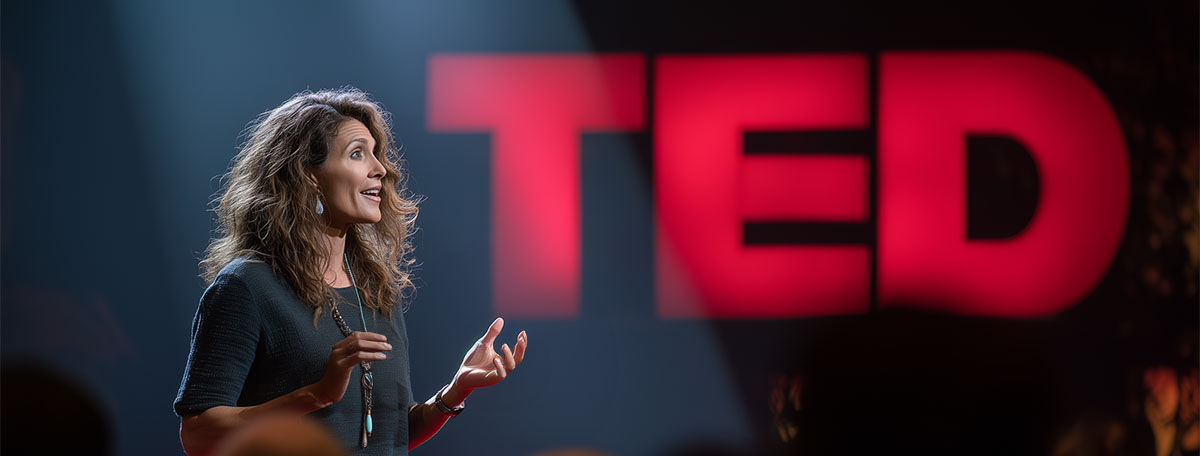 TED Talk presentation photo showing a speaker on stage gesturing while addressing an audience, with large “TED” letters in the background.