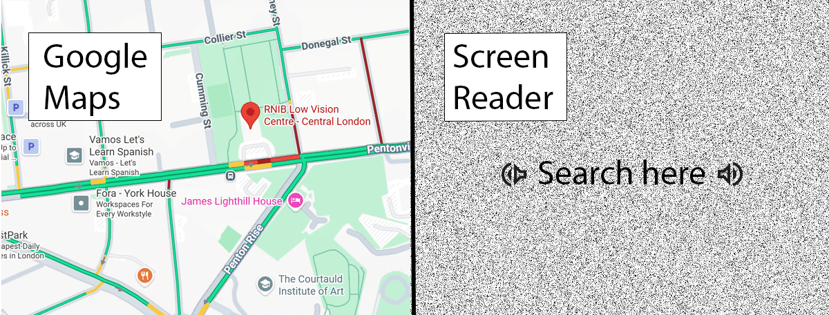 Image showinGoogle Maps vs screen reader audio prompt "search here"