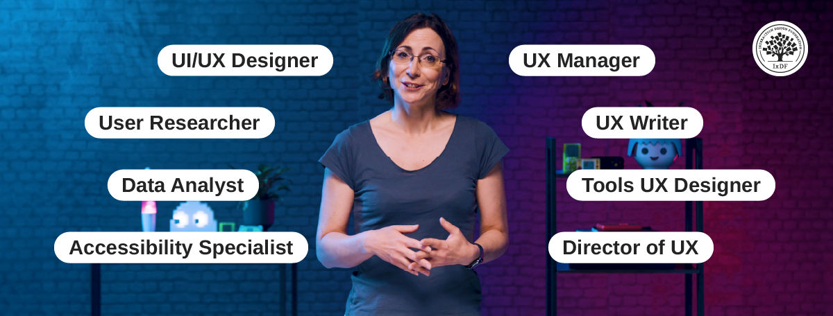 Celia Hodent framed by eight game UX role labels: UI/UX Designer, User Researcher, Data Analyst, Accessibility Specialist, UX Manager, UX Writer, Tools UX Designer, and Director of UX