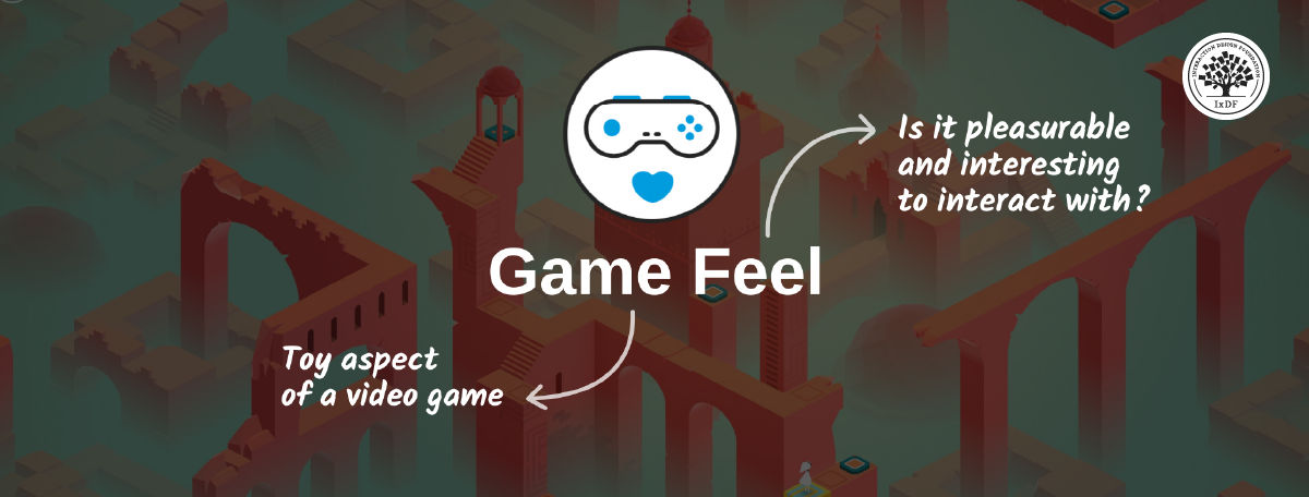 Game Feel' slide with a controller icon over a faded isometric architecture background, annotated with 'Is it pleasurable and interesting to interact with?' and 'Toy aspect of a video game