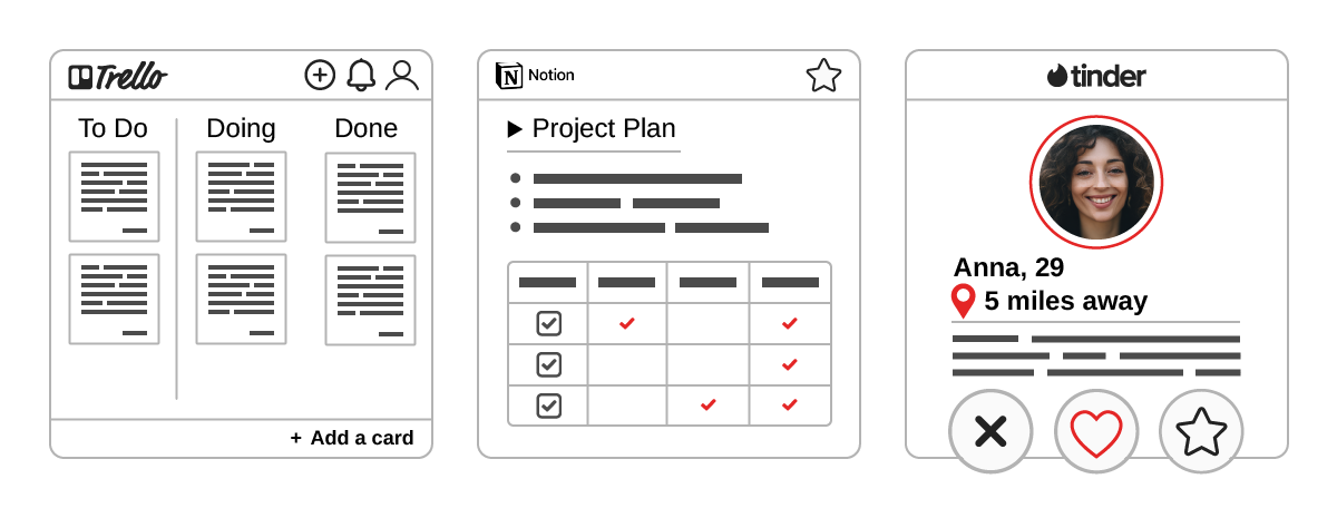 Simplified UI wireframes comparing interface layouts for Trello, Notion, and Tinder side-by-side.
