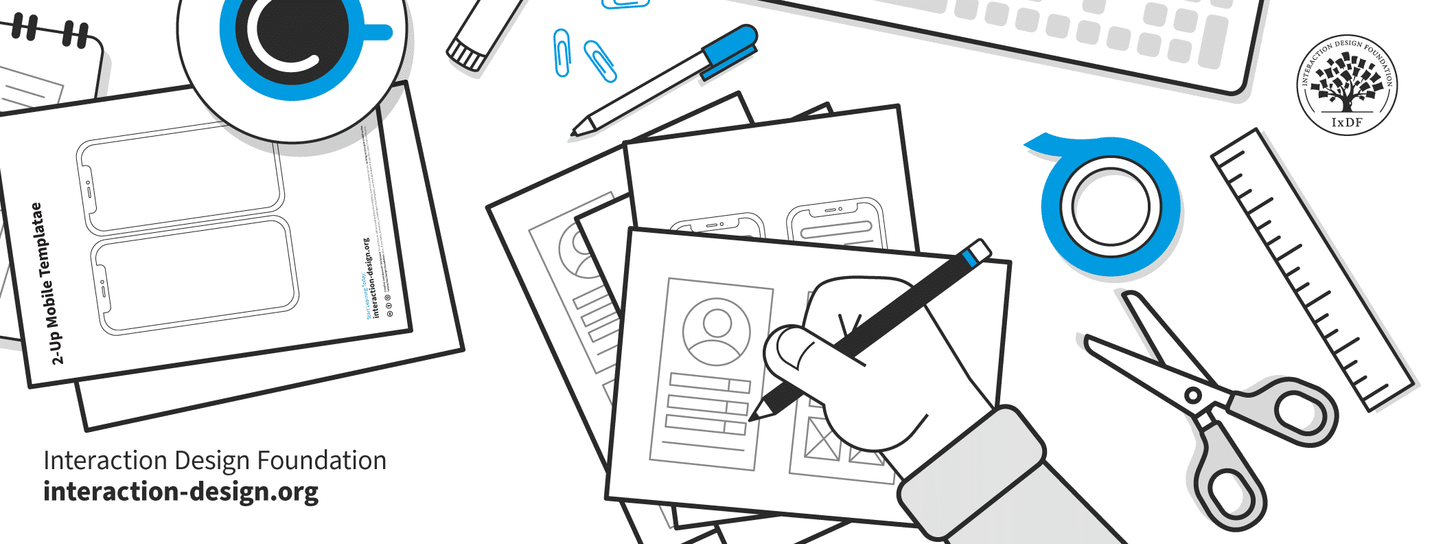 Illustration of a hand drawing a wireframe surrounded by stationary and design documentation templates.