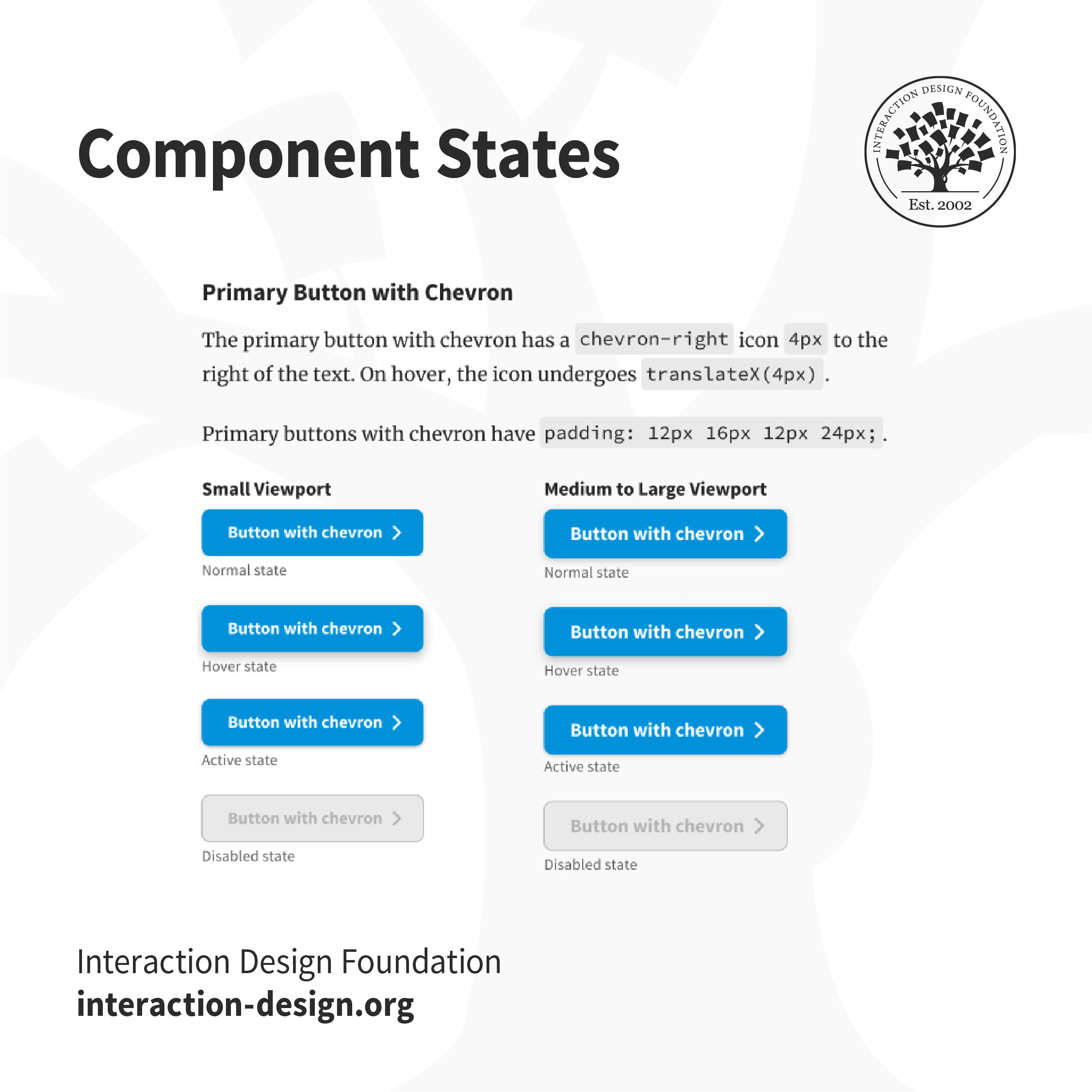 Different states of IxDF's buttons from our Design System.