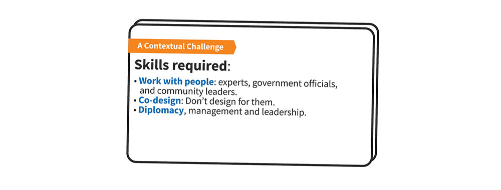 A card that says the skills required are to work with people: experts, government officials and community leaders, to co-design with people rather than design for them, and to practice diplomacy, management and leadership