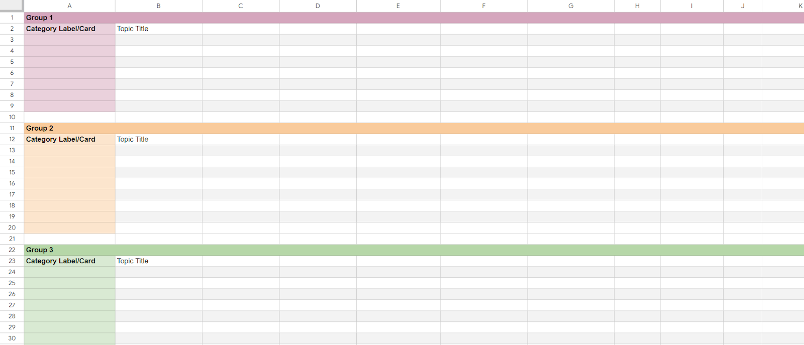 Google Sheets card sorting template
