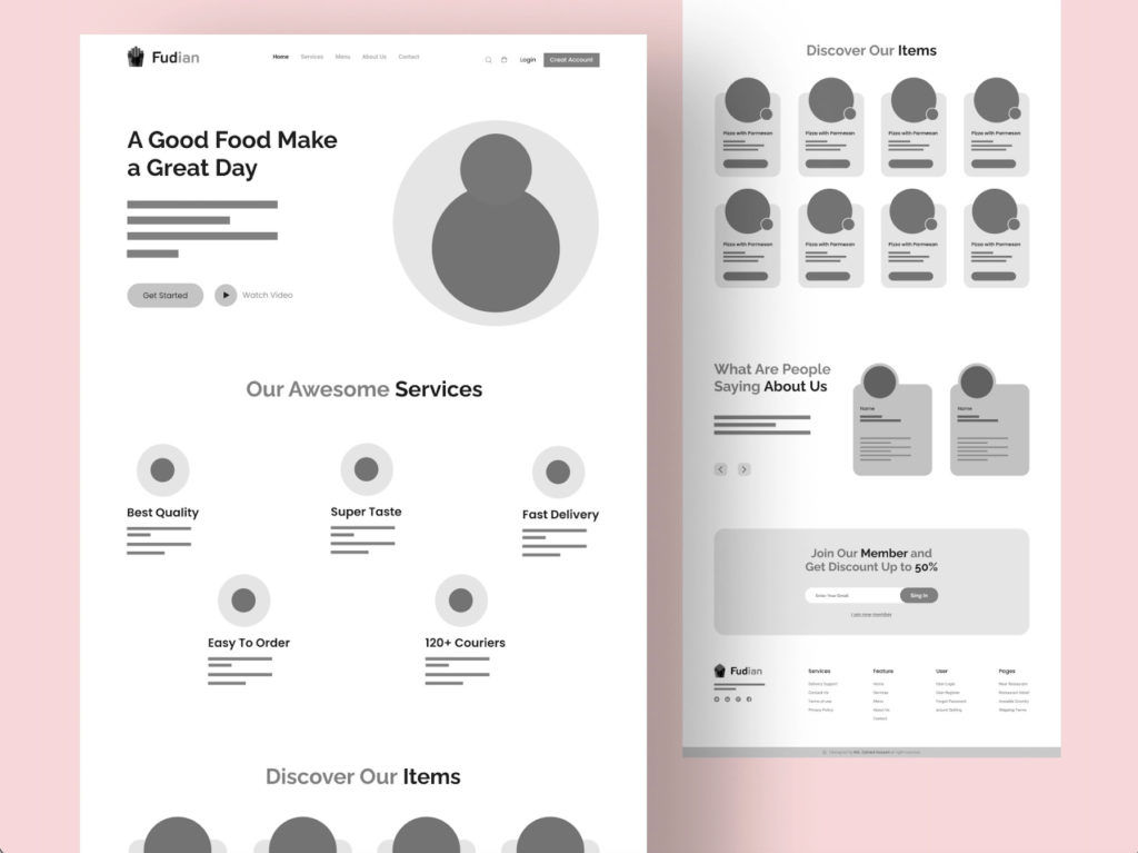 A high-fidelity wireframe of a food website