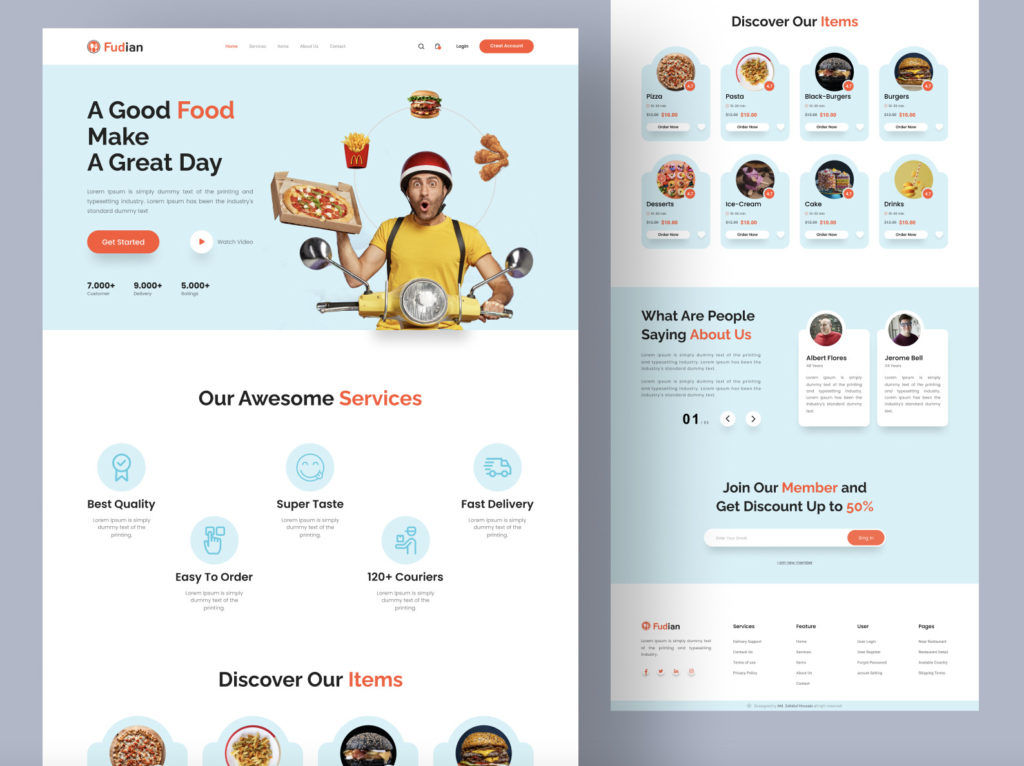 A high-fidelity wireframe of a food website that includes colors and more details