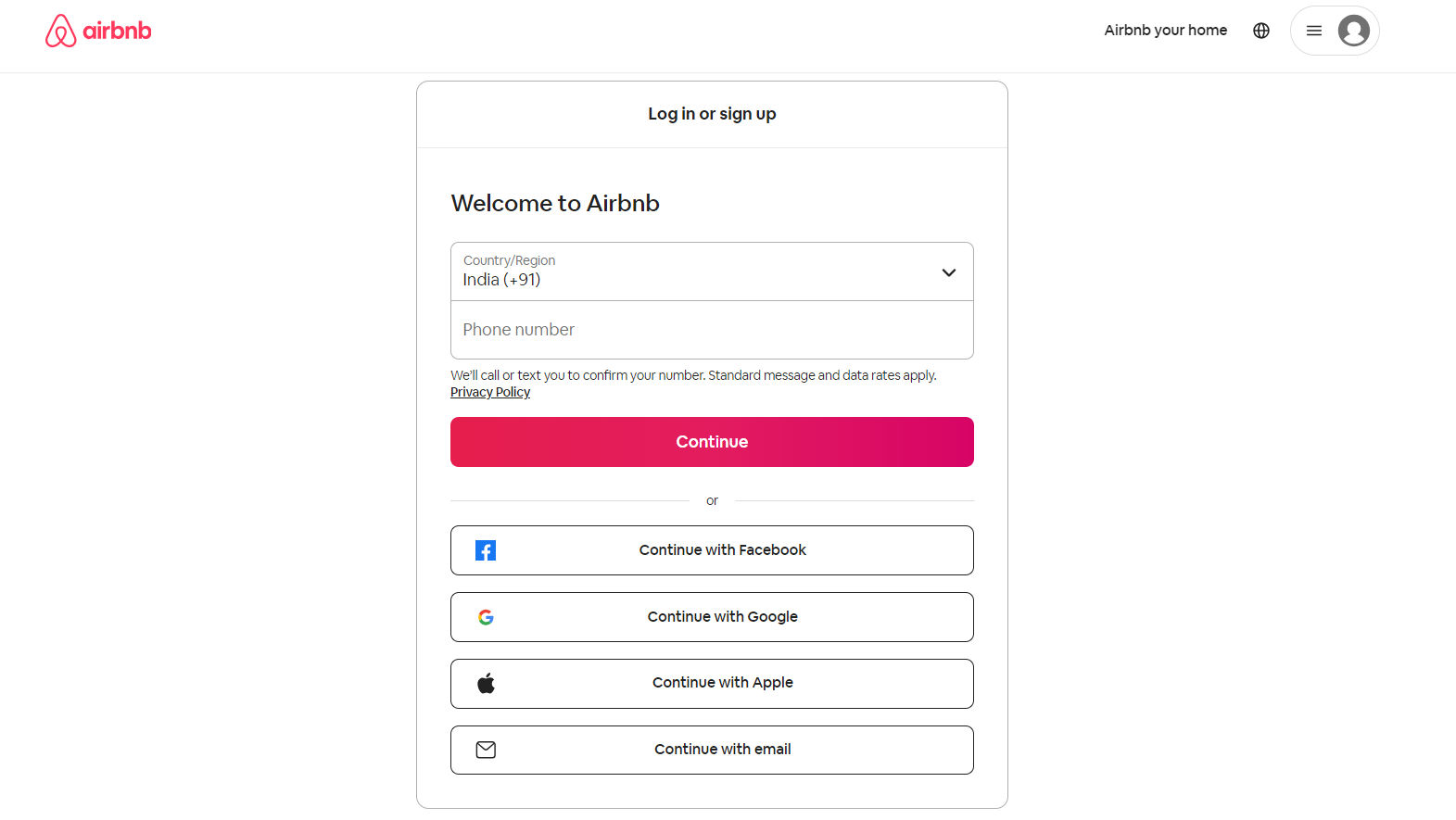 Login page of Airbnb 