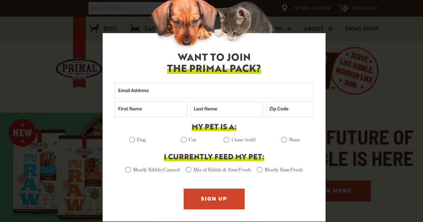 Home page of primal pet foods 