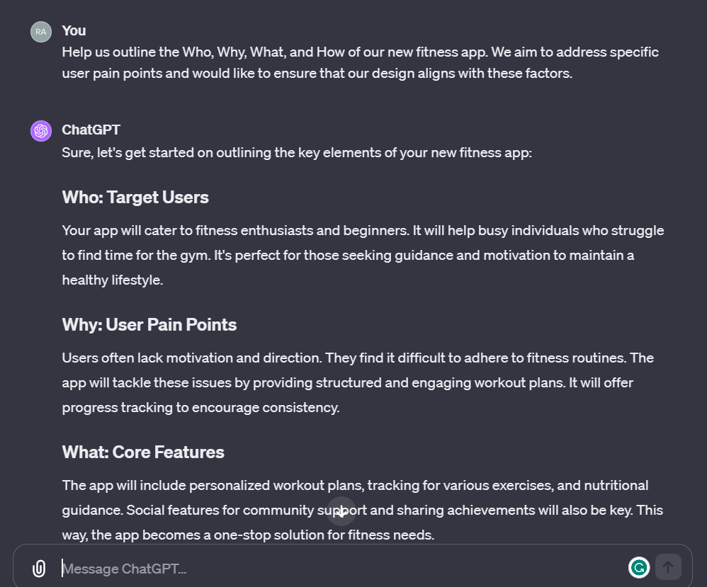 ChatGPT answering the prompt for fitness app research.