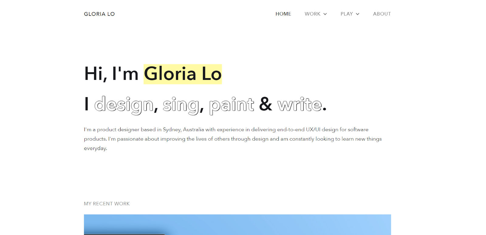 Gloria Lo’s UI portfolio home page 