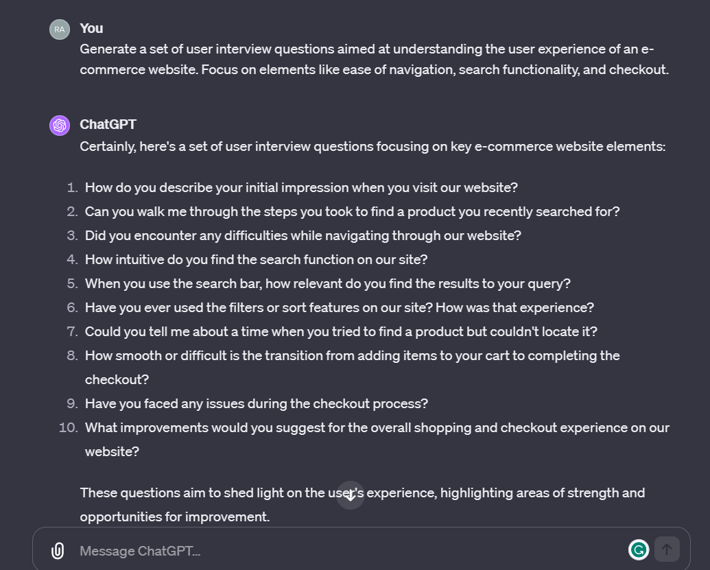 ChatGPT generates user interview questions for an e-commerce website.