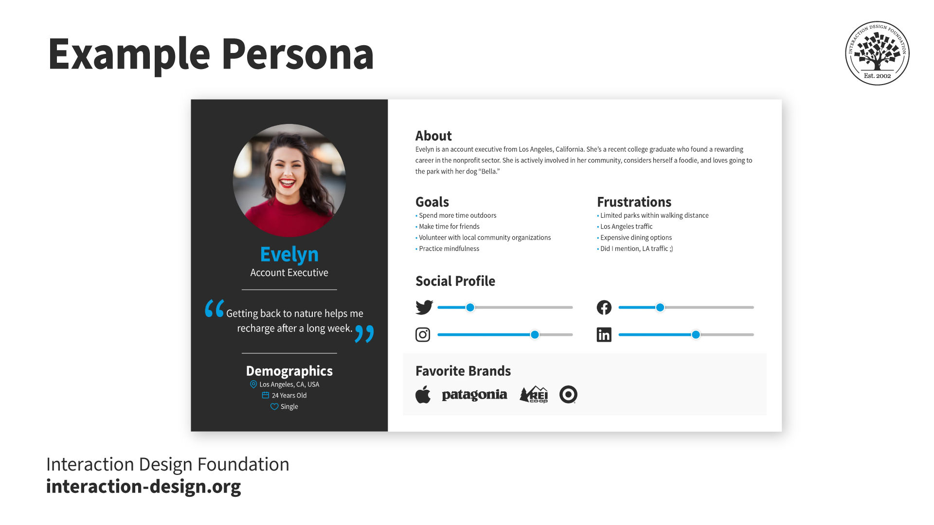 An example of if a persona through a portfolio featuring About, Goals, Pain points,and Demographics.