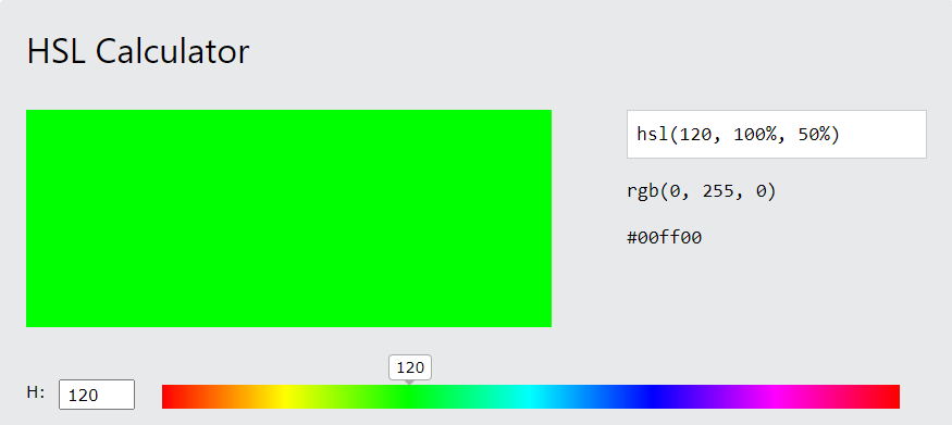 HSL calculator showing hue at 120 is green