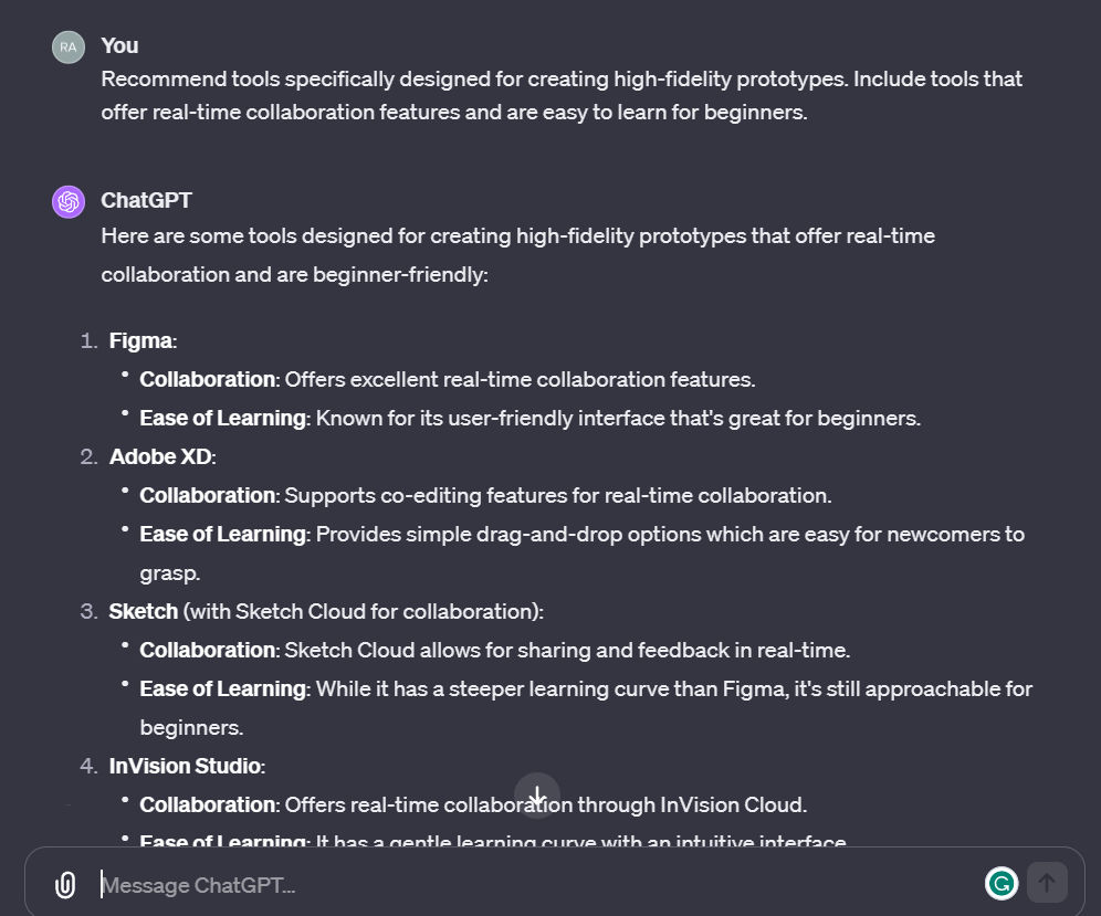 ChatGPT recommending UX design tools for high-fidelity prototypes. 