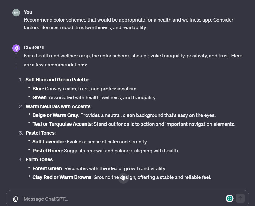 ChatGPT generating a color scheme for a health application.
