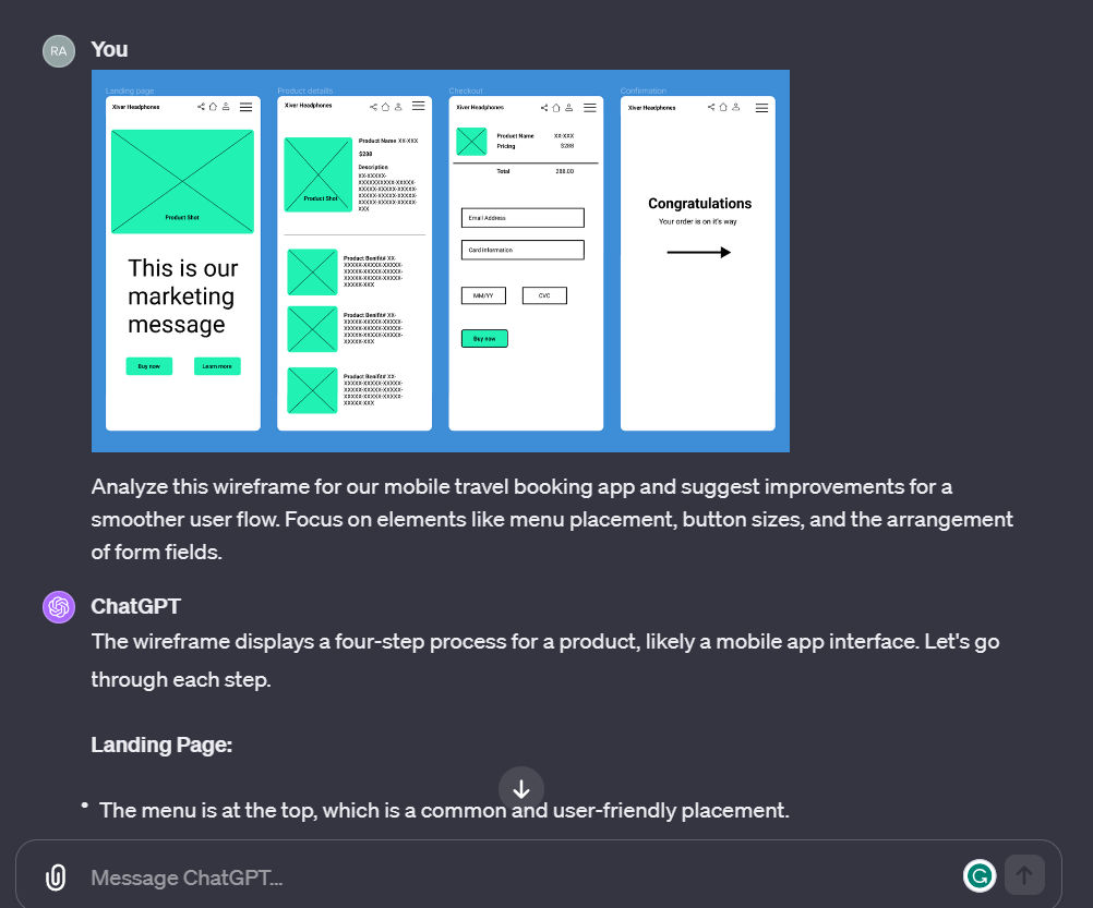 A prompt given to ChatGPT to analyze a wireframe from Dribbble and provide insights on its user interface. 