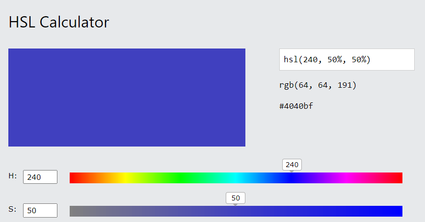 HSL calculator showing saturation at 50%