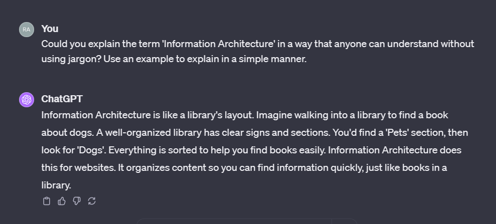 ChatGPT explaining information architecture in layman's terms.