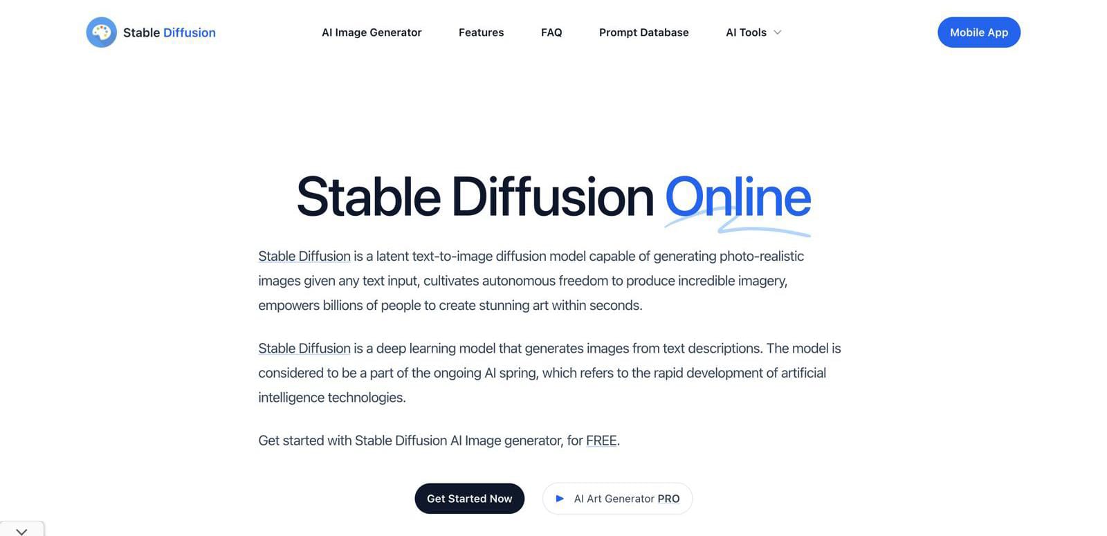 Home page of Stable Diffusion AI tool.