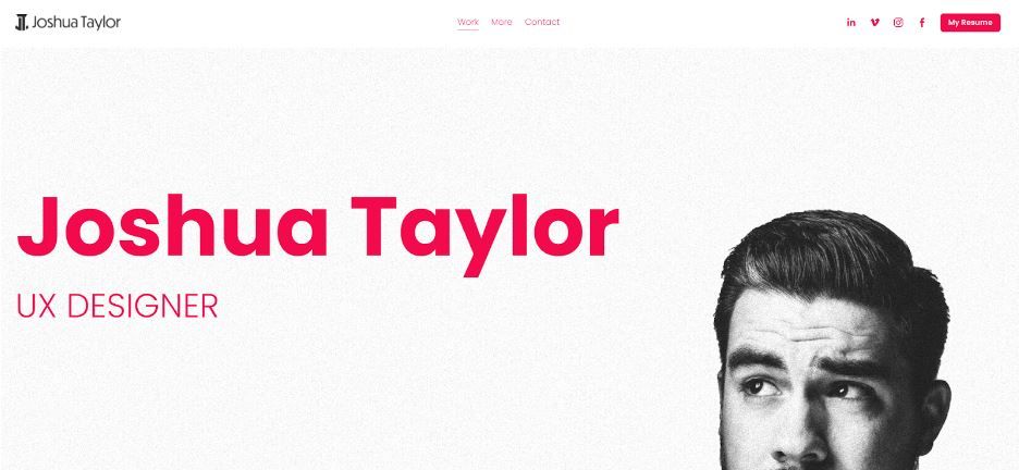 Home page of Joshua Taylor's UX portfolio where he can se his picture in black and white and the text in red.