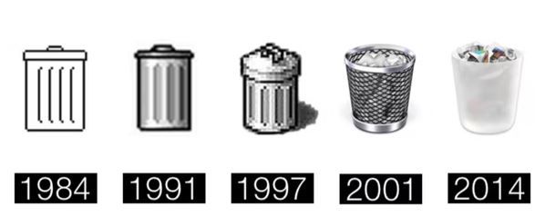 Apple's trash icon visual evolution since 1984 until 2014