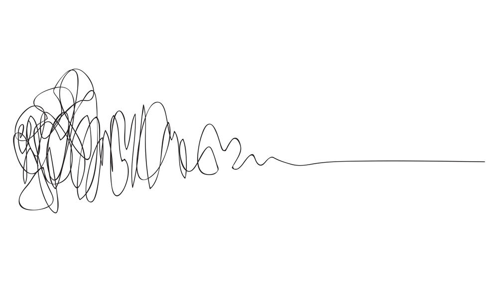 Drawing of a messy squiggly line on the left that—as it gets to the right—becomes less messy until it ends as a straight line.