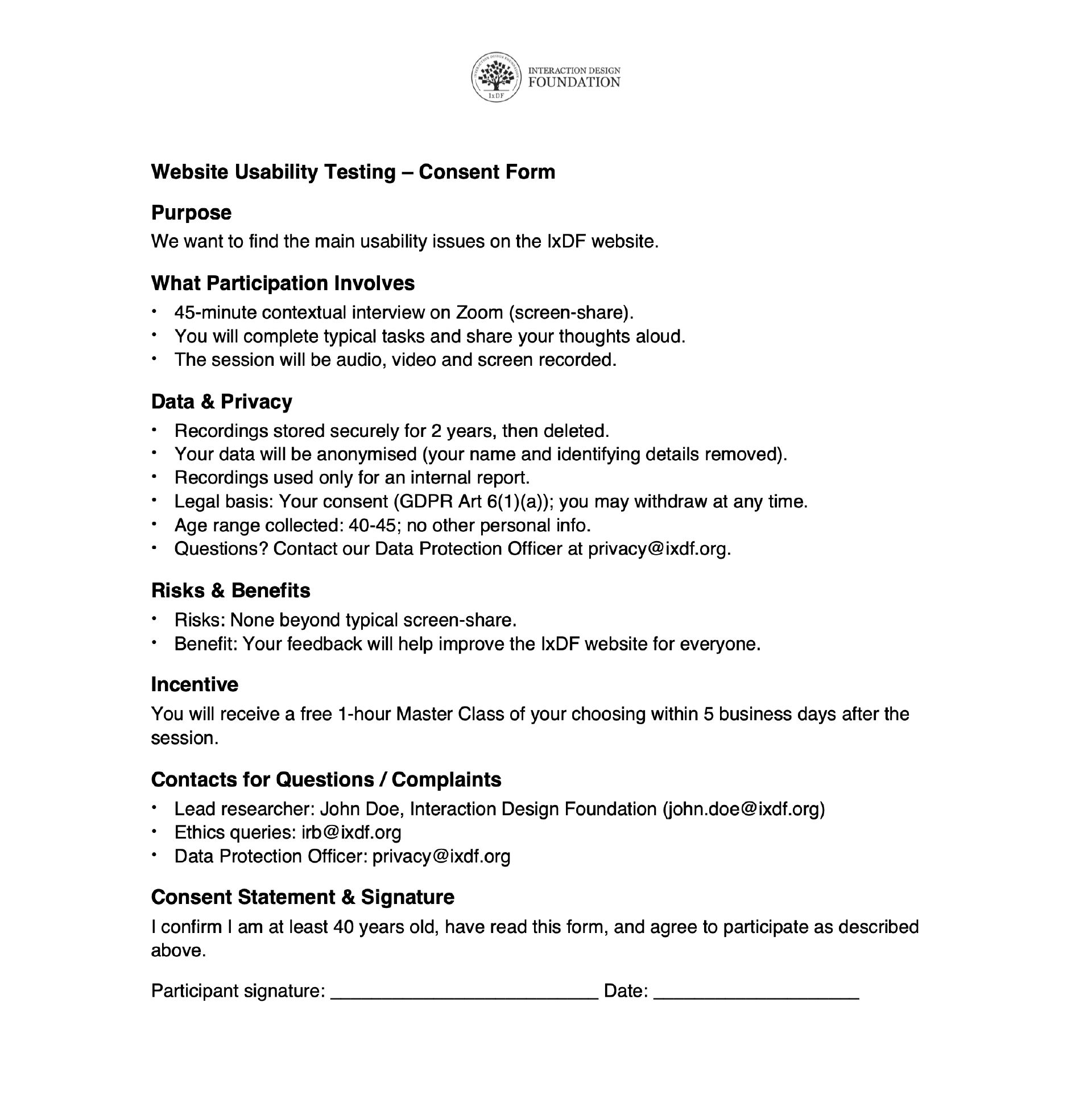 A basic consent form.