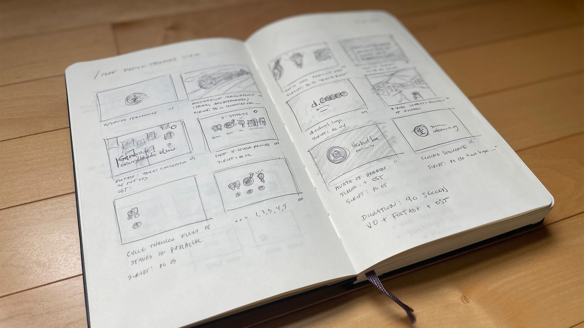 Sketchbook containing hand-drawn storyboards