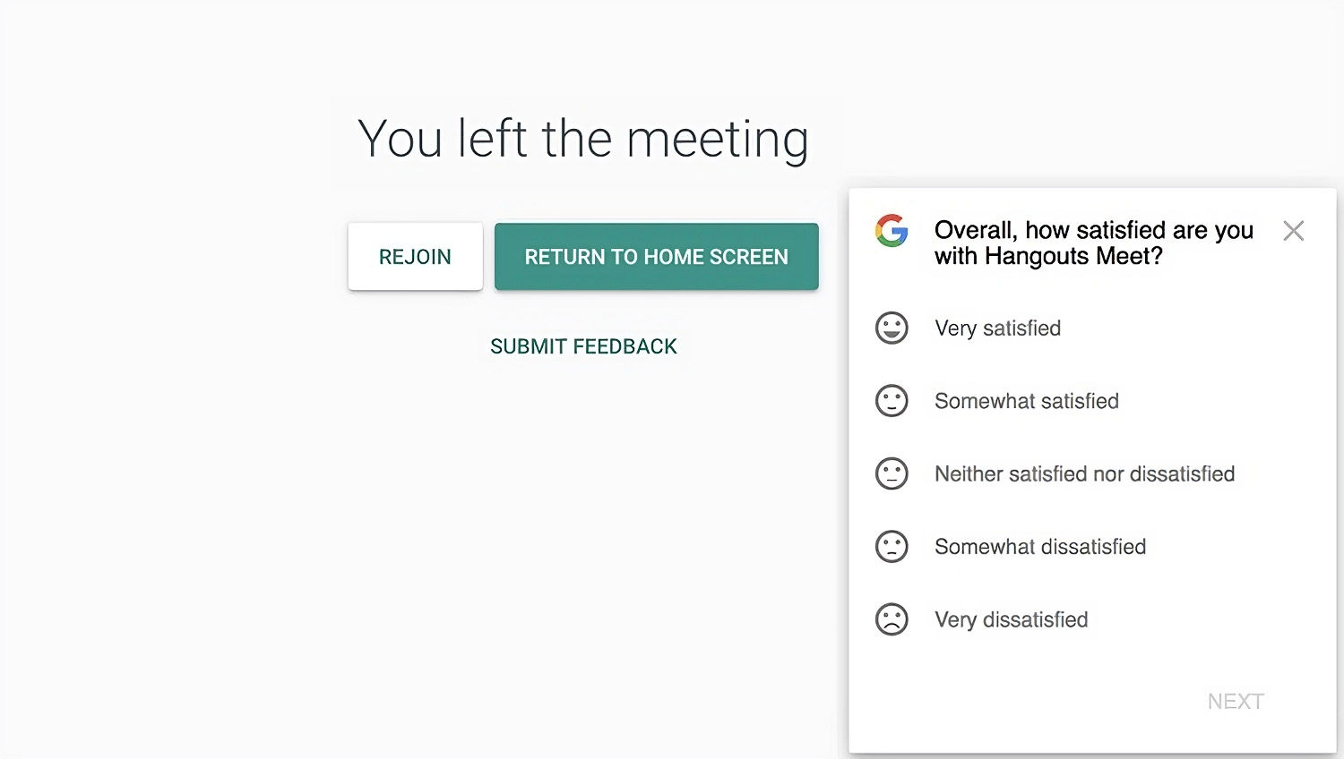 Post-meeting screen with Hangouts Meet satisfaction survey.