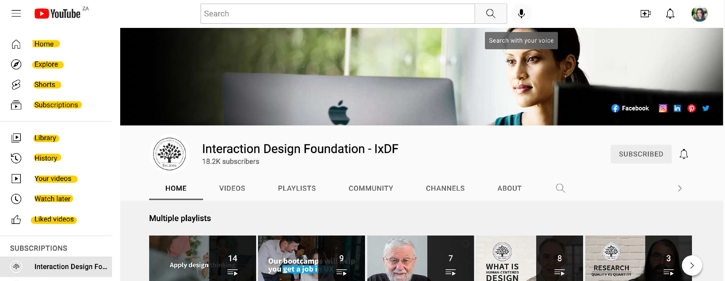 Screenshot of IxDF's YouTube Channel. The side menu's text is highlighted to show that YouTube provides text for all elements