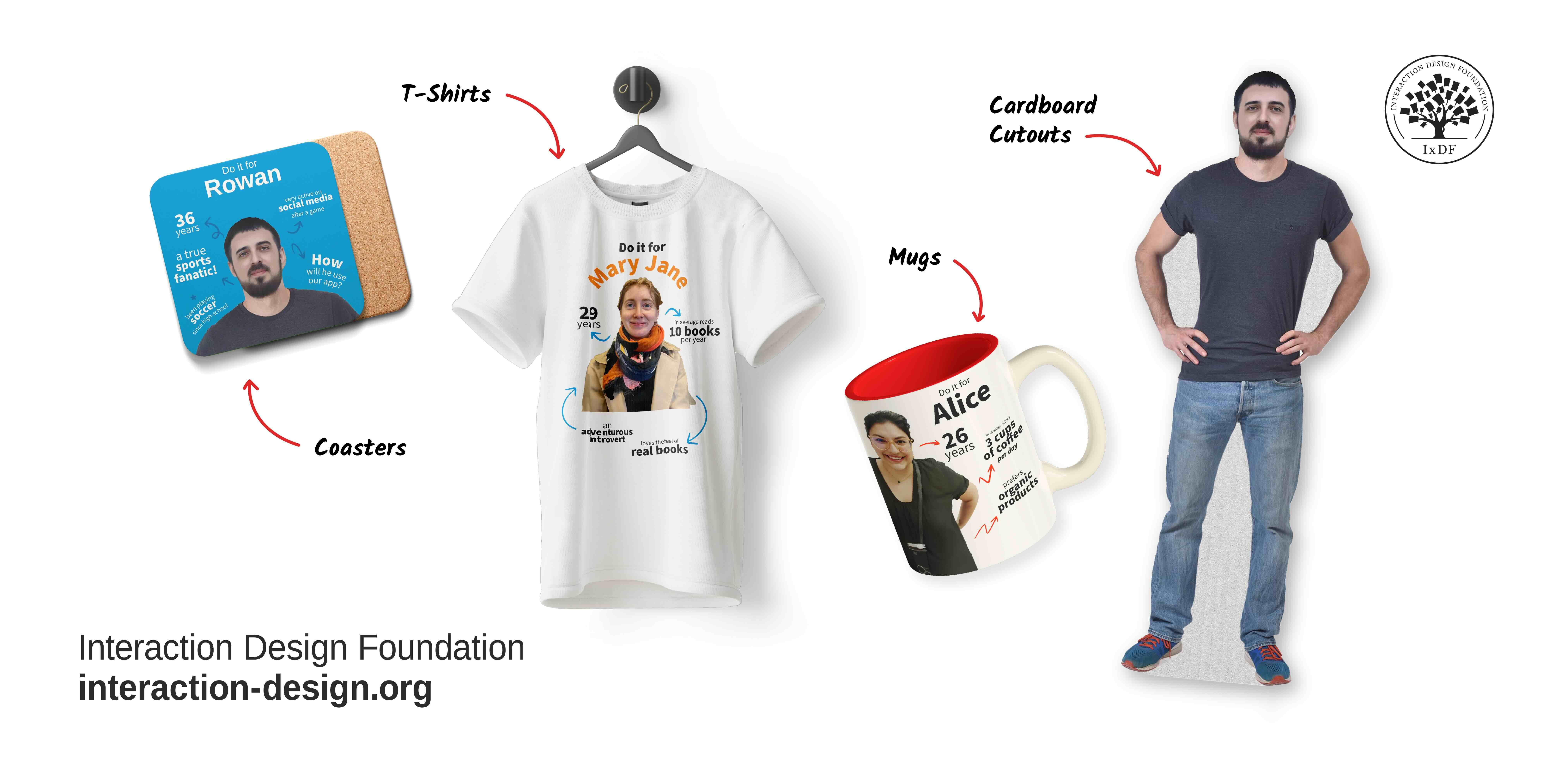 A coaster, t-shirt, mug, and cardboard cutout featuring the image of a persona a few of their key needs and behaviors.