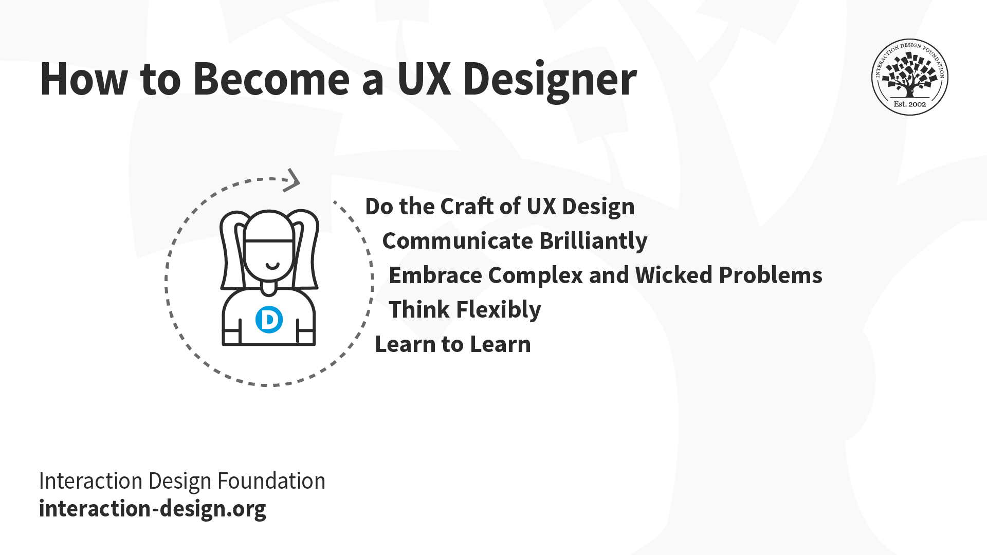 1. Do the Craft of UX Design. 2. Communicate Brilliantly. 3. Embrace Complex and Wicked Problems. 4. Think Flexibly. 5. Learn to Learn.