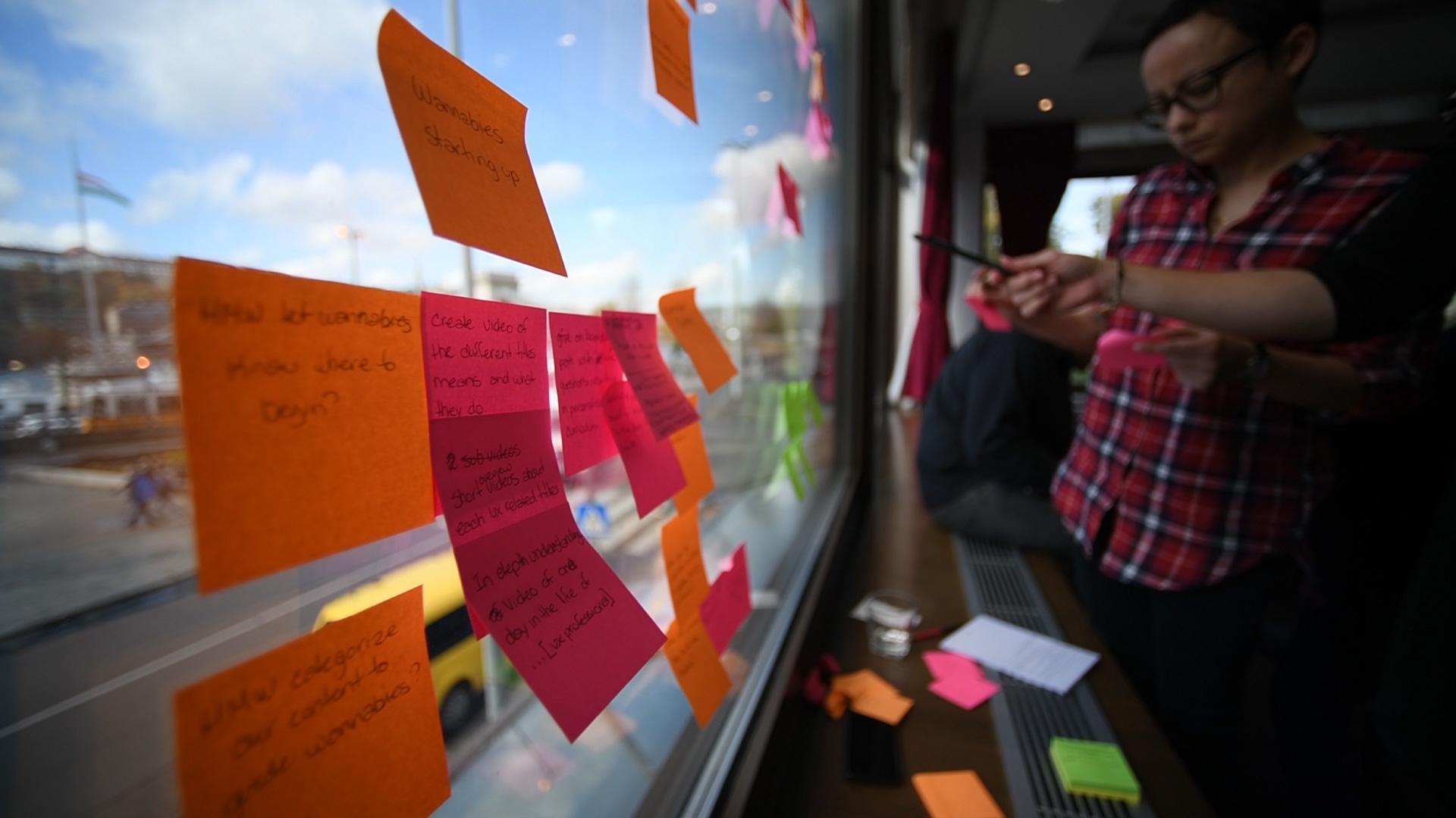 Groups of sticky notes against a window pane